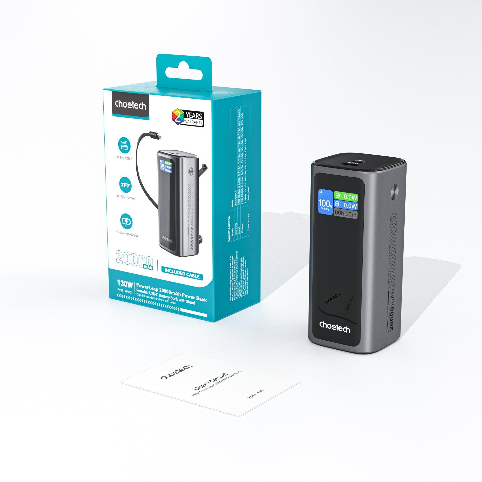 Choetech PowerLeap 20000mAh 130W Built-in USB-C Cable TFT Display Fast Charging Power Bank