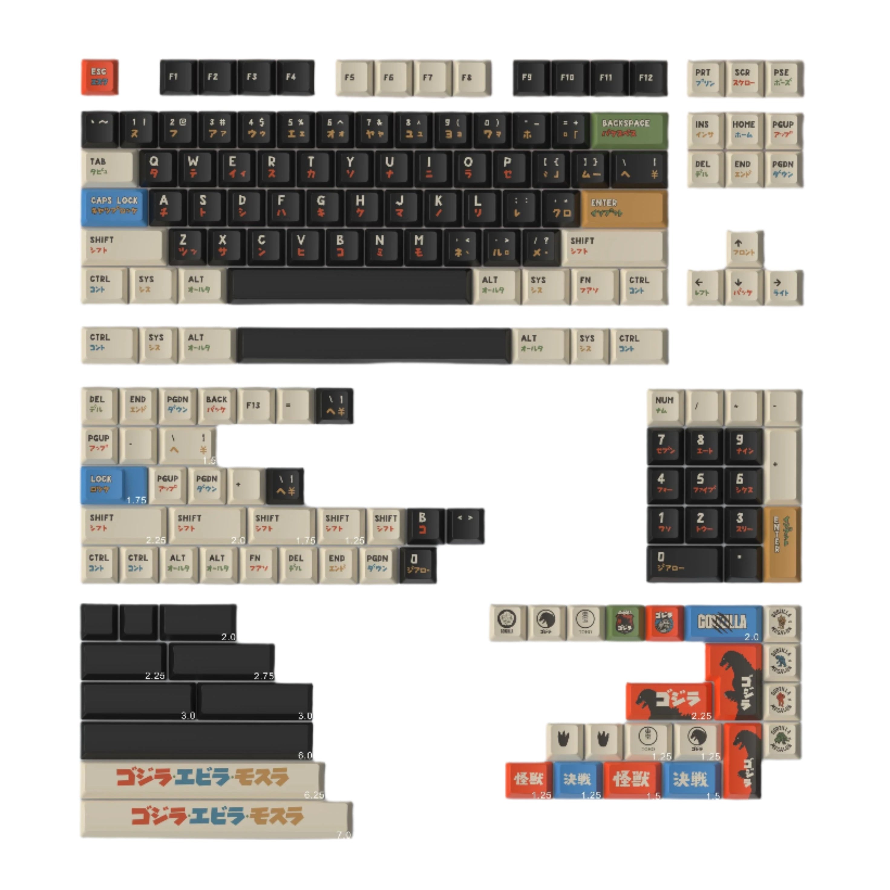 Keytok BERRY Low-Profile Black Classic Godzilla Keycaps 173pcs / Set