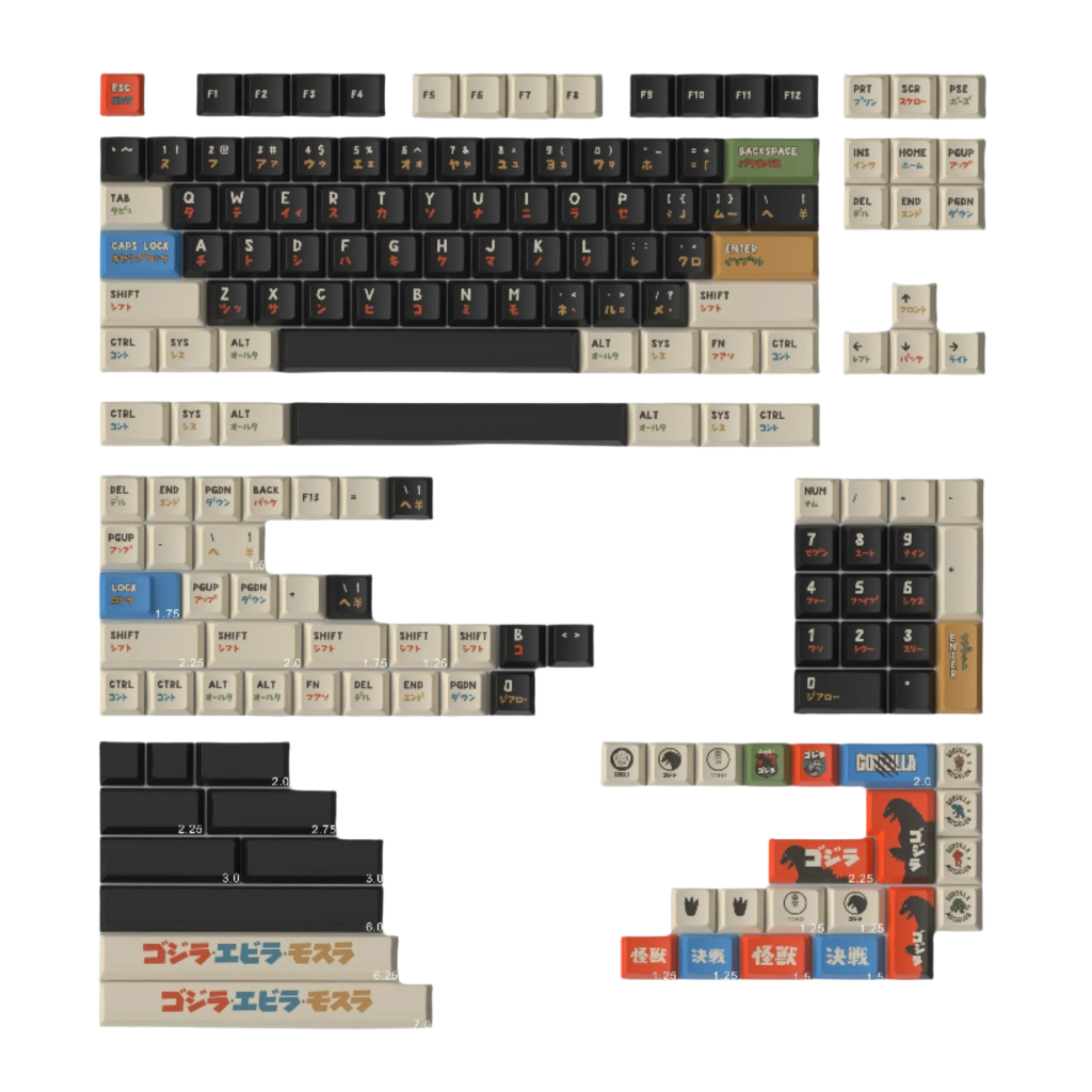 Keytok BERRY Low-Profile Black Classic Godzilla Keycaps 173pcs / Set