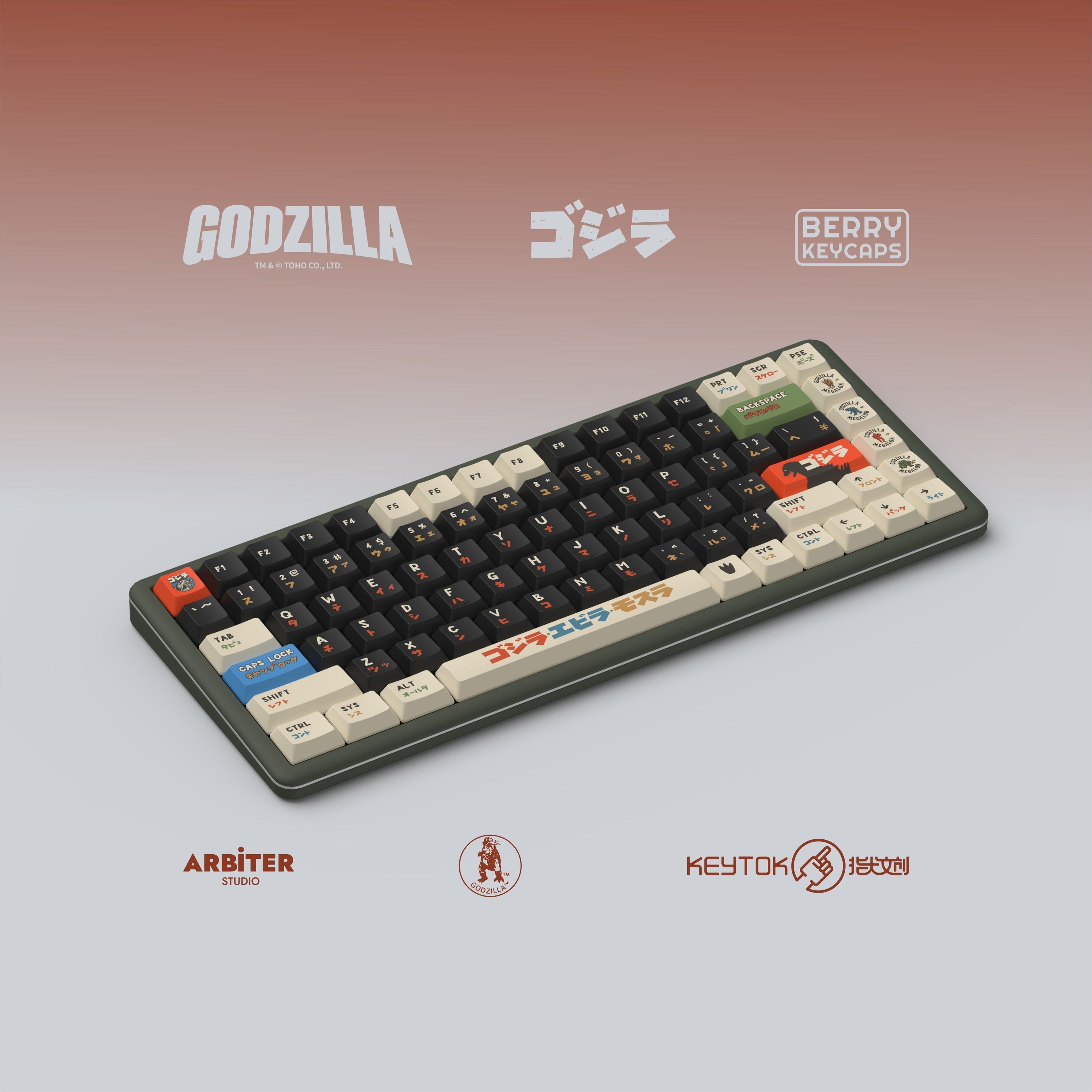 Keytok BERRY Low-Profile Black Classic Godzilla Keycaps 173pcs / Set