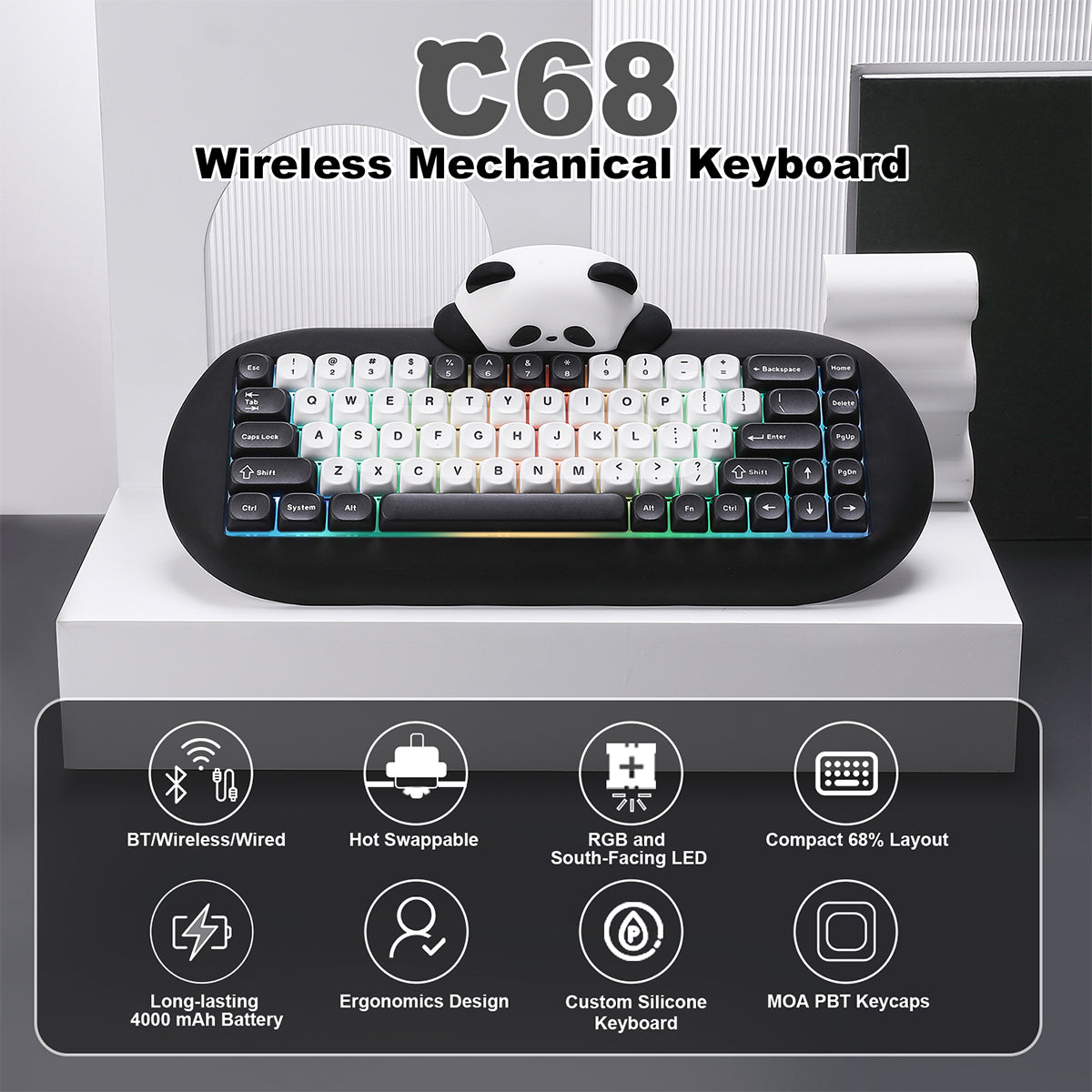 YUNZII C68 Panda Hot-Swap Wireless Mechanical Keyboard Panda Switch