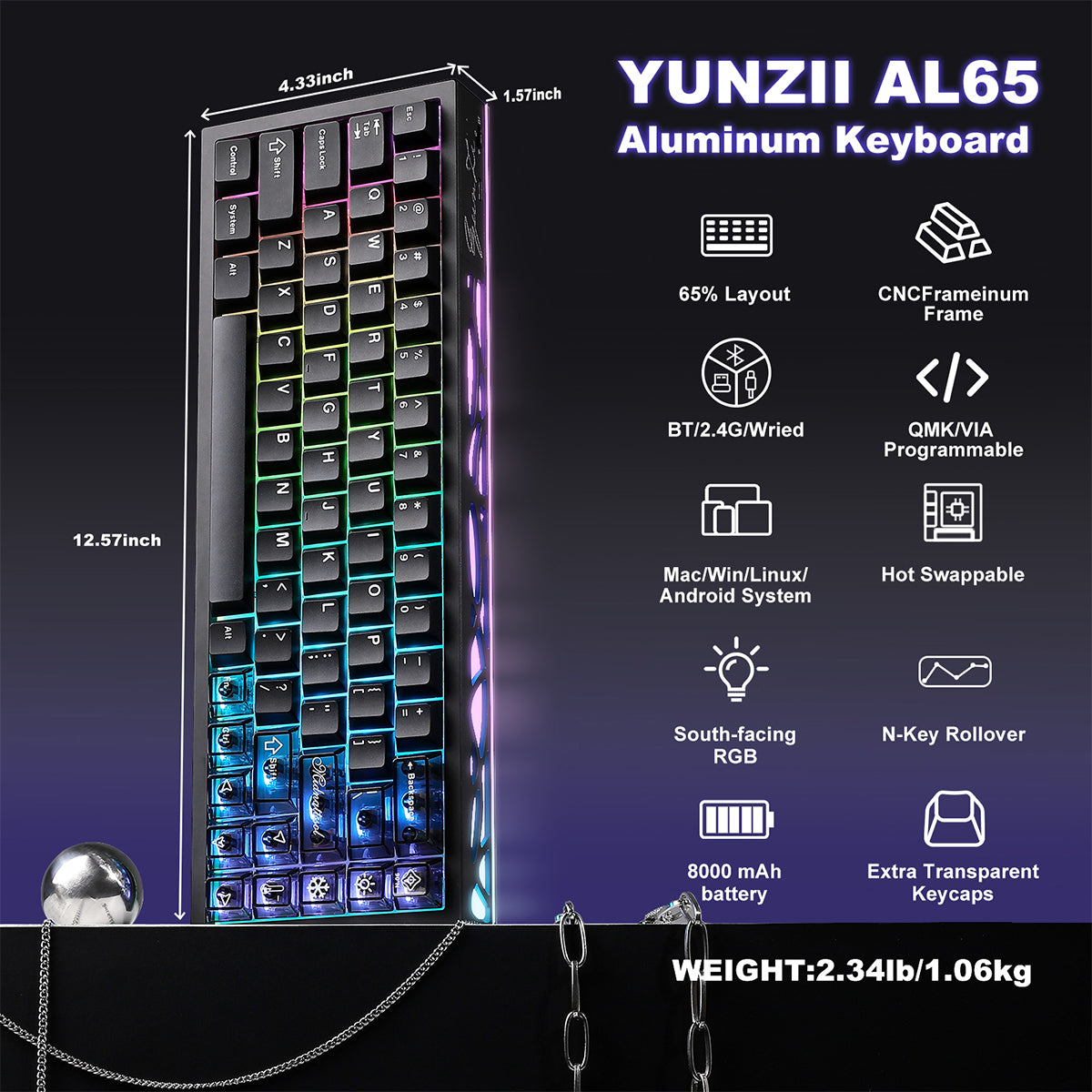 YUNZII AL65 QMK/VIA Hollow Gasket Wireless Mechanical Keyboard