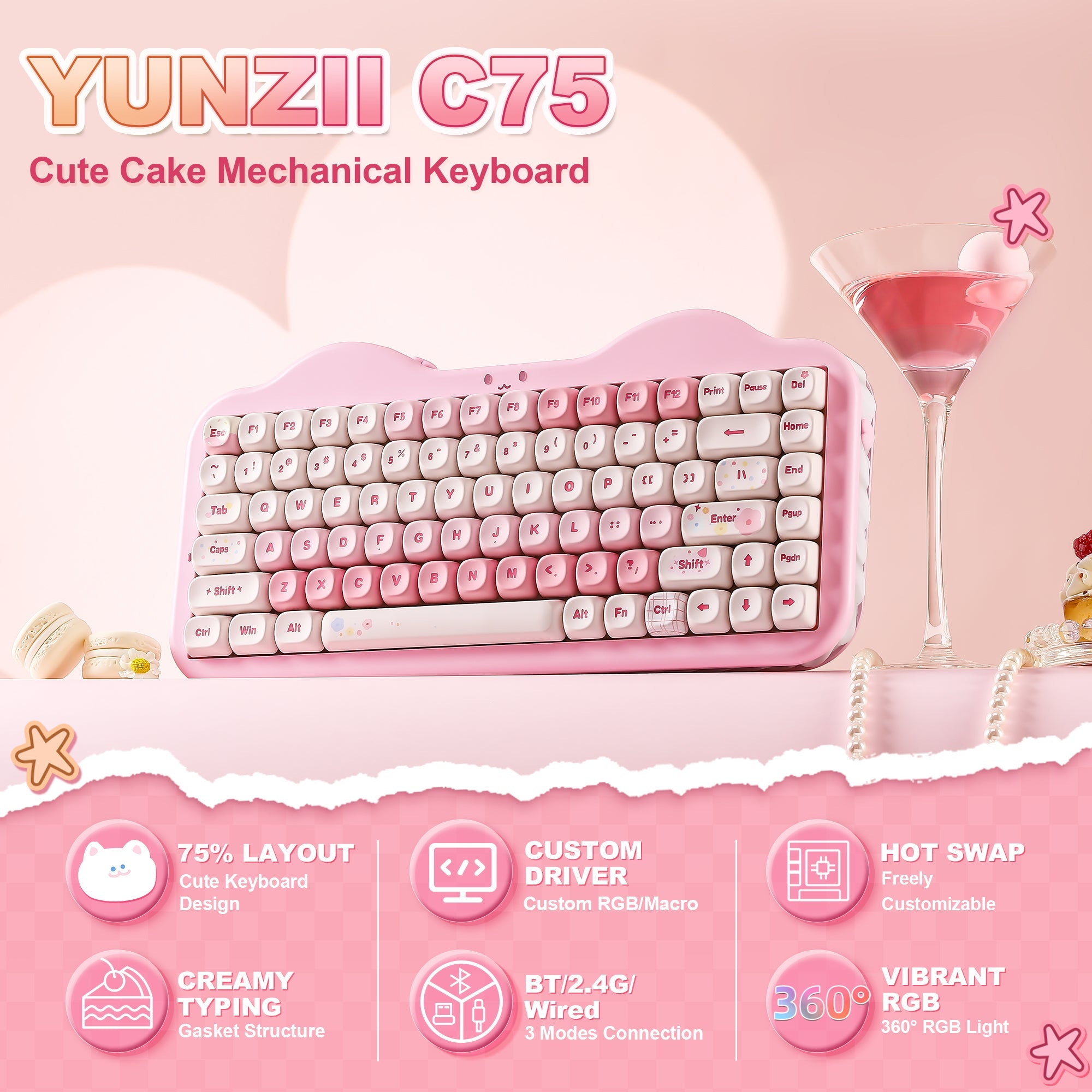 YUNZII C75 Cake Meow Hot-Swap Wireless Mechanical Keyboard