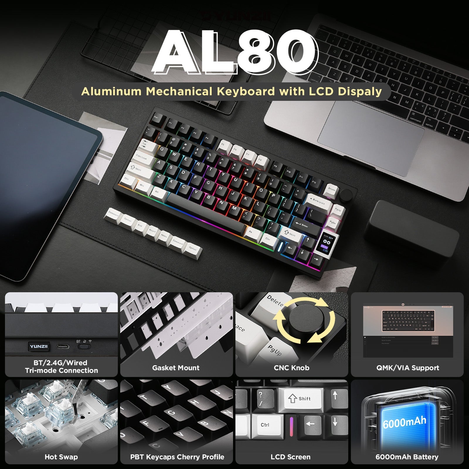 YUNZII AL80 QMK Aluminum Wireless Mechanical Keyboard with LCD Screen