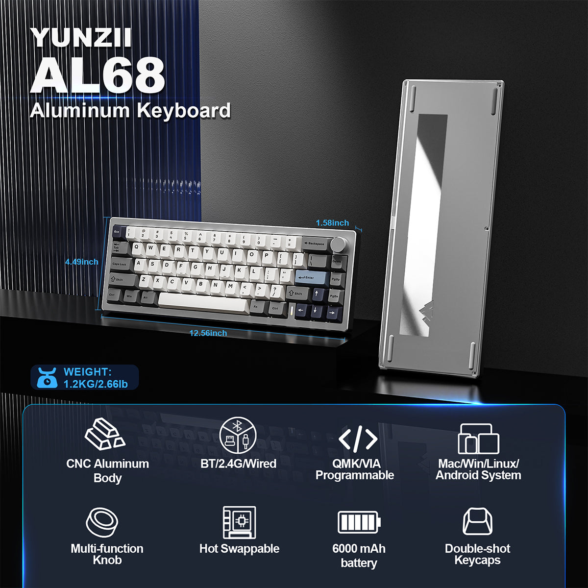 YUNZII AL68 QMK/VIA Tri-Mode Hot-Swap Wireless Mechanical Keyboard
