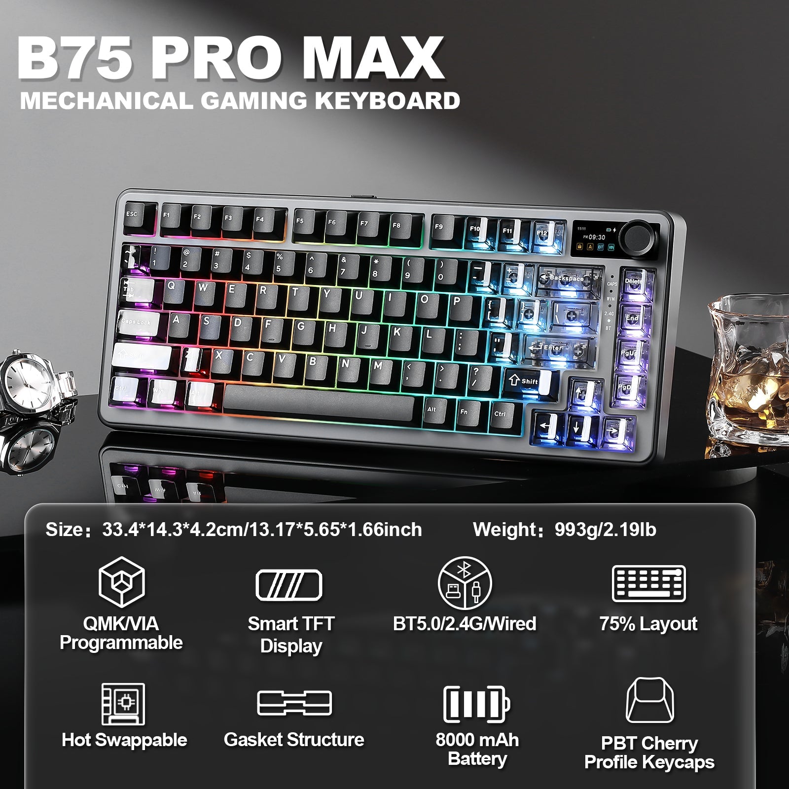YUNZII B75 PRO MAX QMK/VIA Knob TFT Screen Wireless Mechanical Keyboard