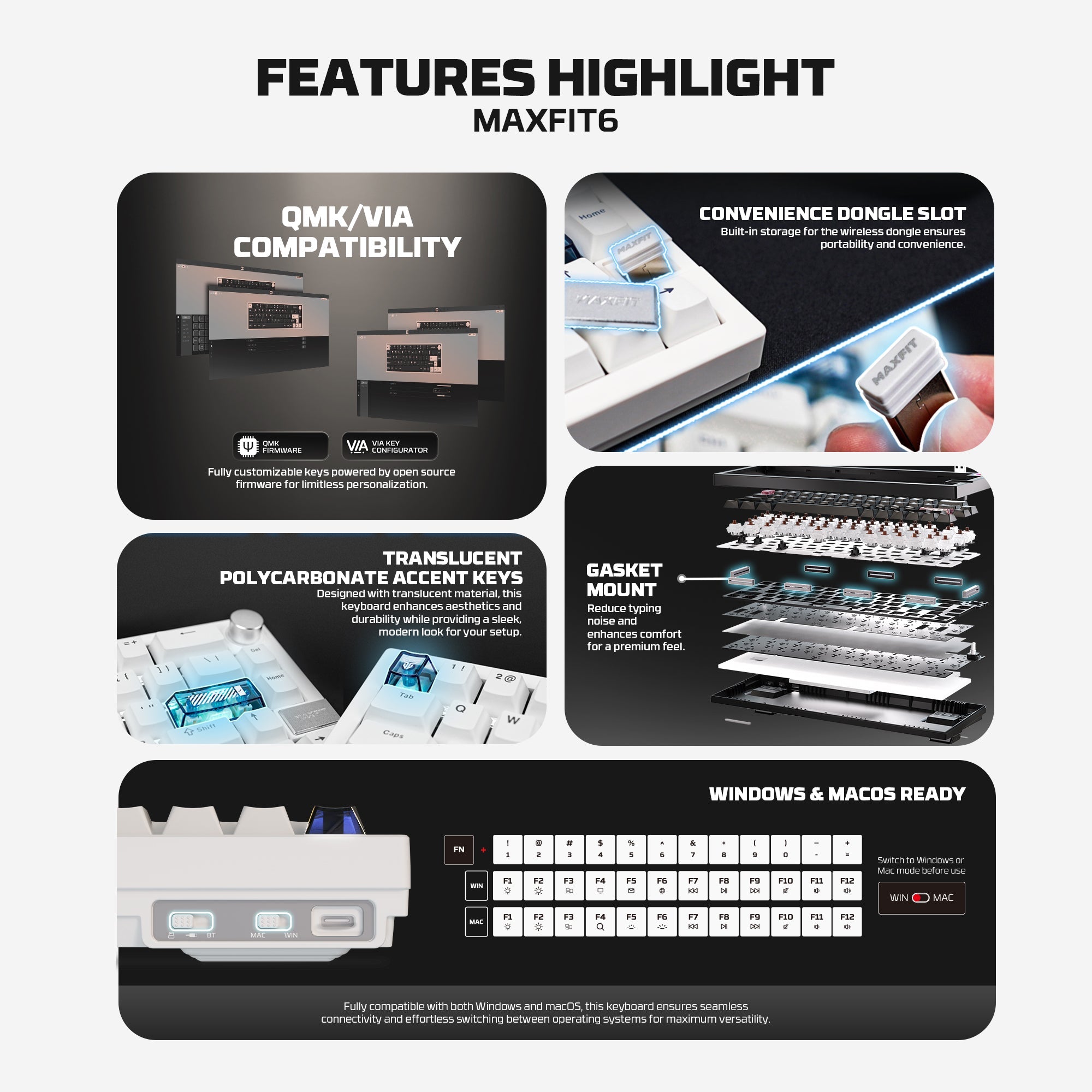 Fantech MAXFIT6 60% Hot-Swap QMK/VIA Wireless Mechanical Keyboard with Knob