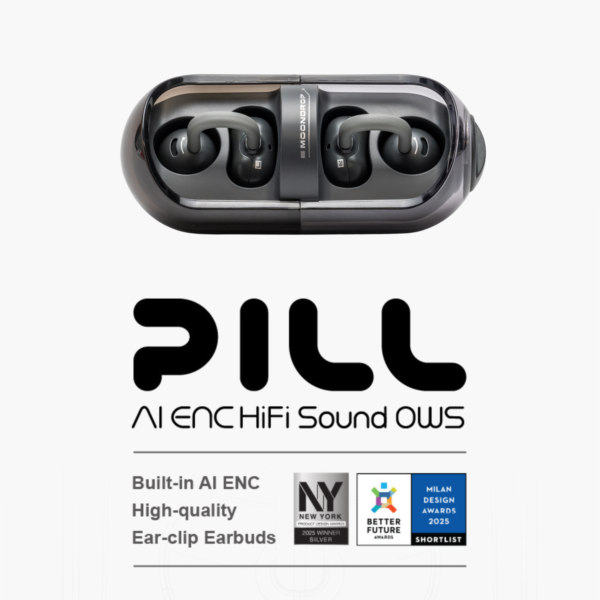 MOONDROP Pill OWS Open-Ear Wireless Earbuds Ear Clip Design with AI ENC & IPX4 Water Resistance (Black)