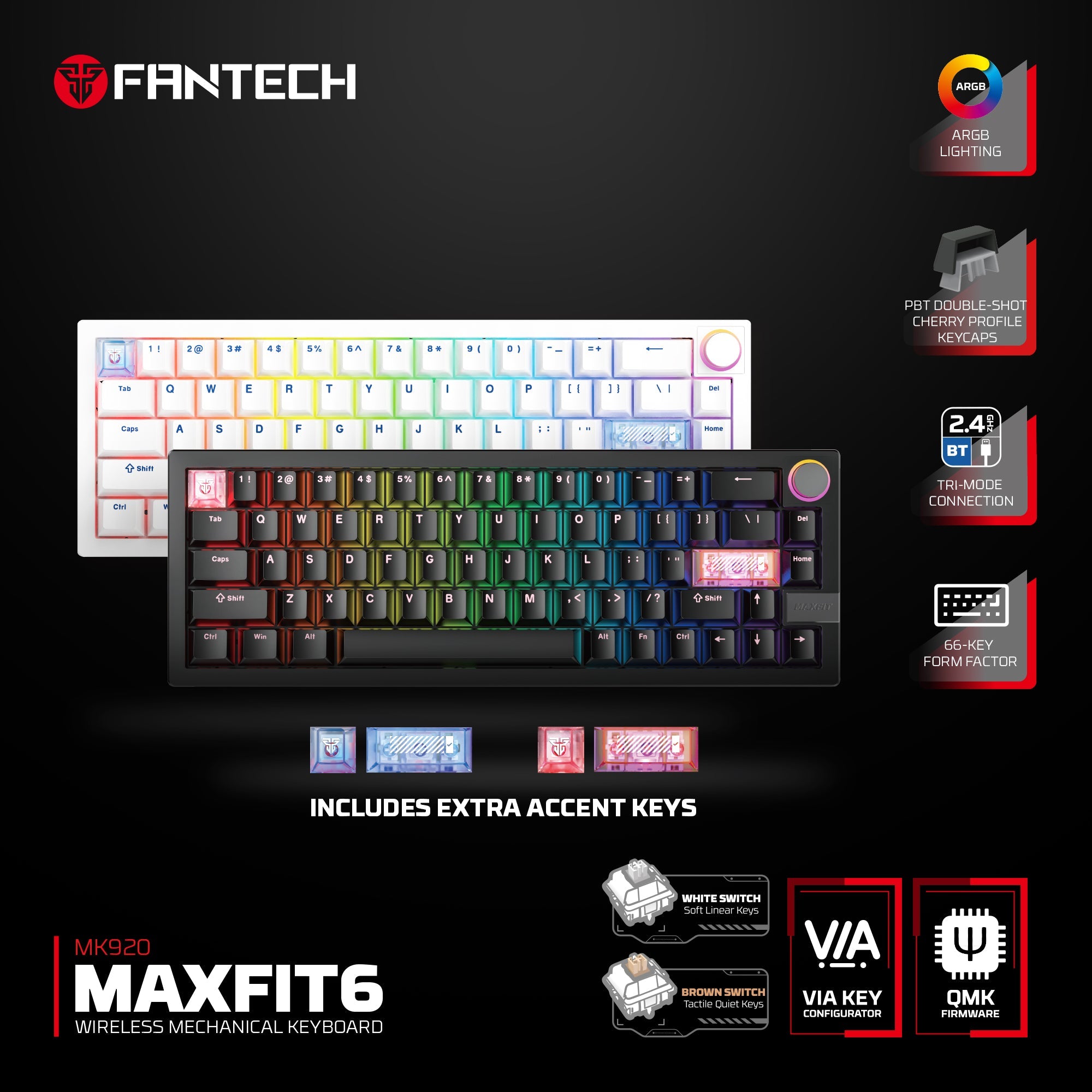 Fantech MAXFIT6 60% Hot-Swap QMK/VIA Wireless Mechanical Keyboard with Knob
