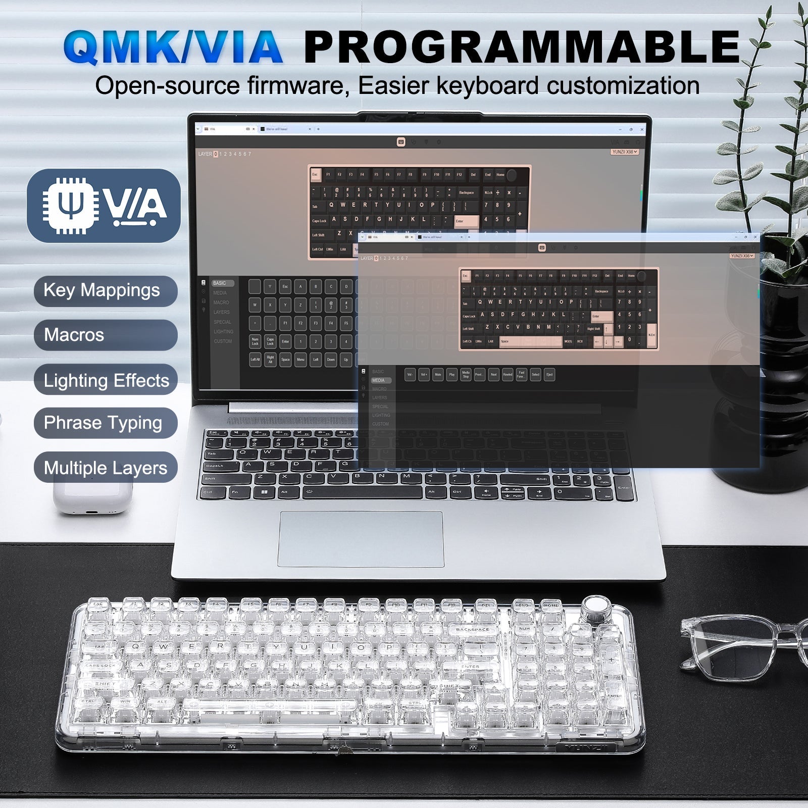YUNZII X98 Transparent QMK/VIA Wireless Mechanical Keyboard
