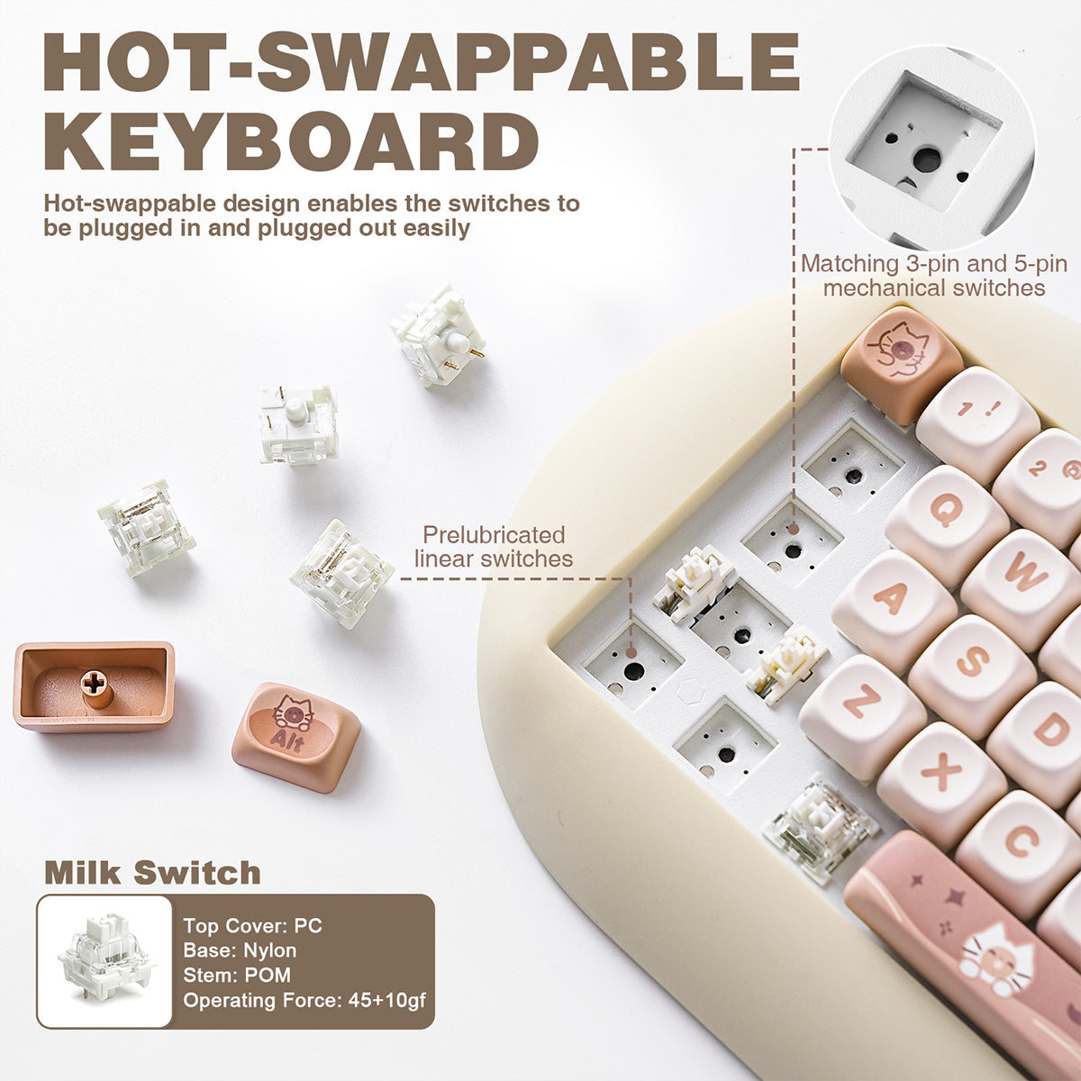 YUNZII C68 Meow Bluetooth Wireless Mechanical Cat Keyboard Milk Switch