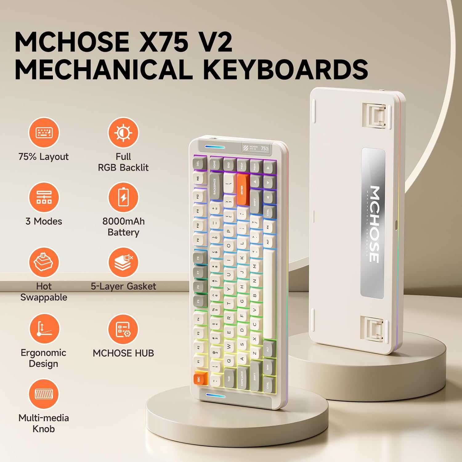 MCHOSE X75 V2 Gasket Mount 75% Layout Hot-Swap Wireless Mechanical Keyboard