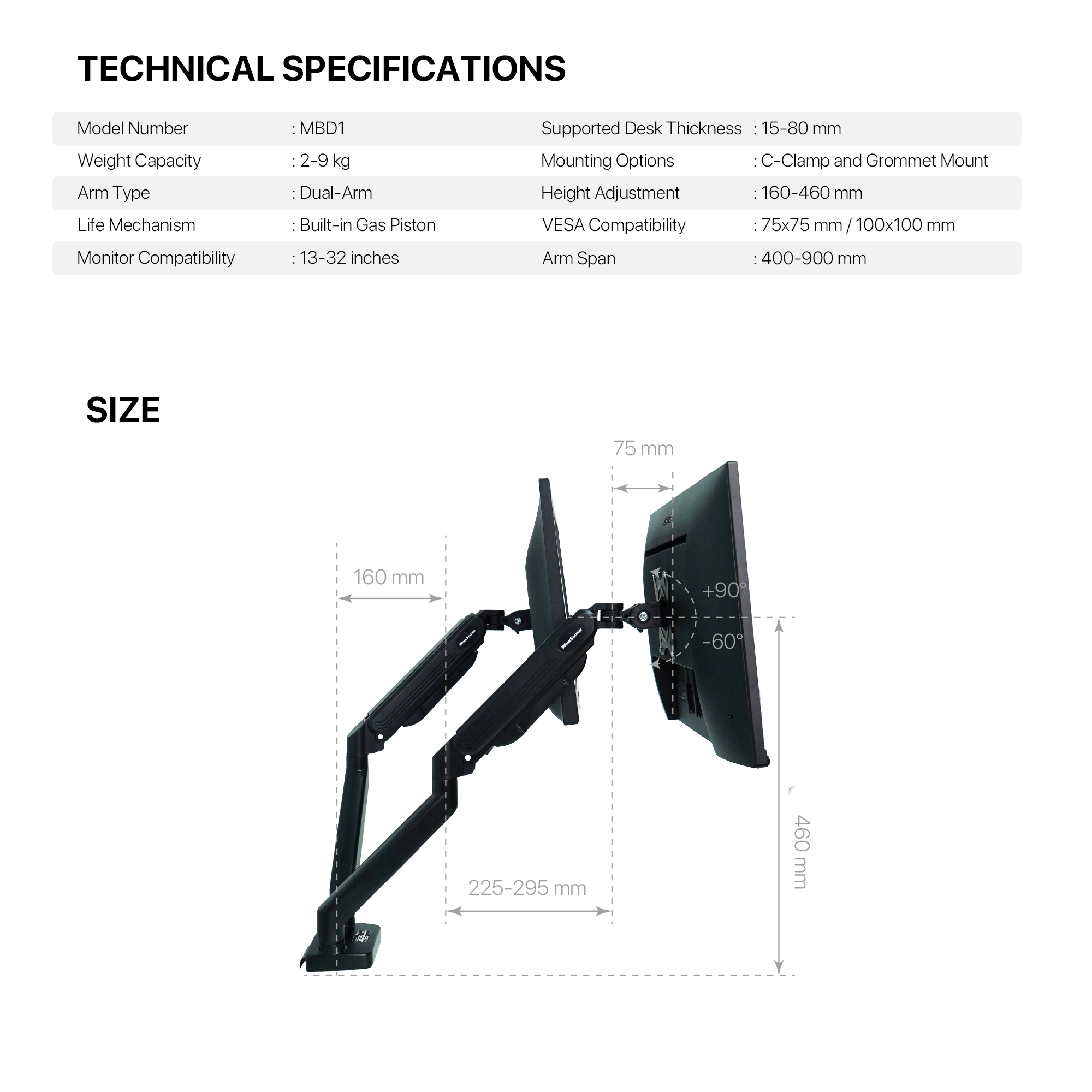 WorkStation MBD01 Dual-Arm Monitor Bracket 90 degree tilt for 13" to 32" Screen