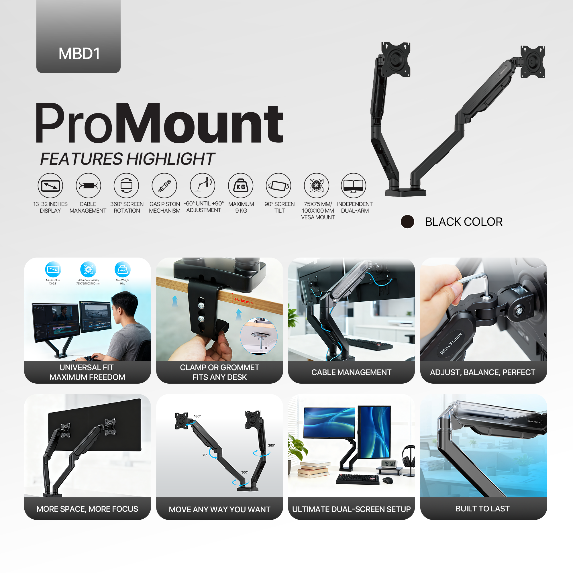 WorkStation MBD01 Dual-Arm Monitor Bracket 90 degree tilt for 13" to 32" Screen