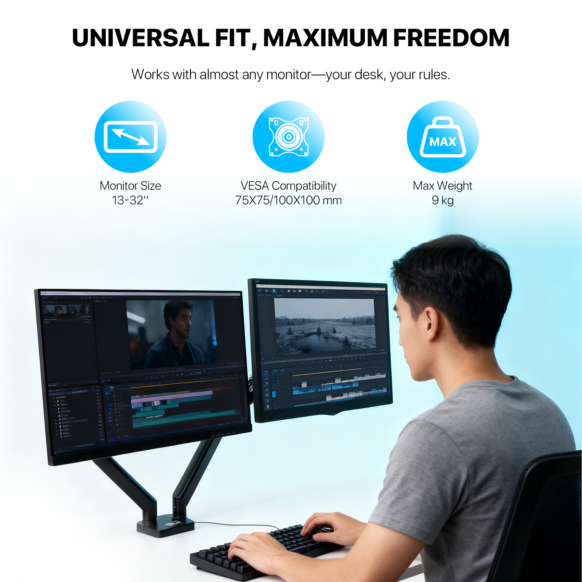 WorkStation MBD01 Dual-Arm Monitor Bracket 90 degree tilt for 13" to 32" Screen