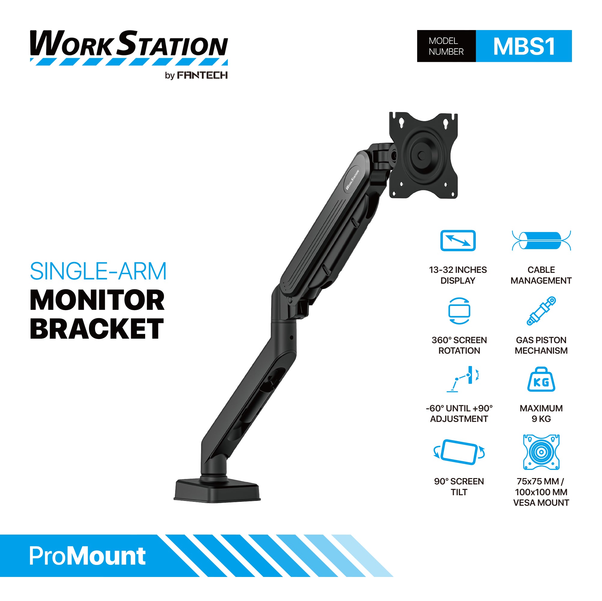 Fantech WorkStation MBS1 Single-Arm Monitor Bracket 90 Degree Tilt