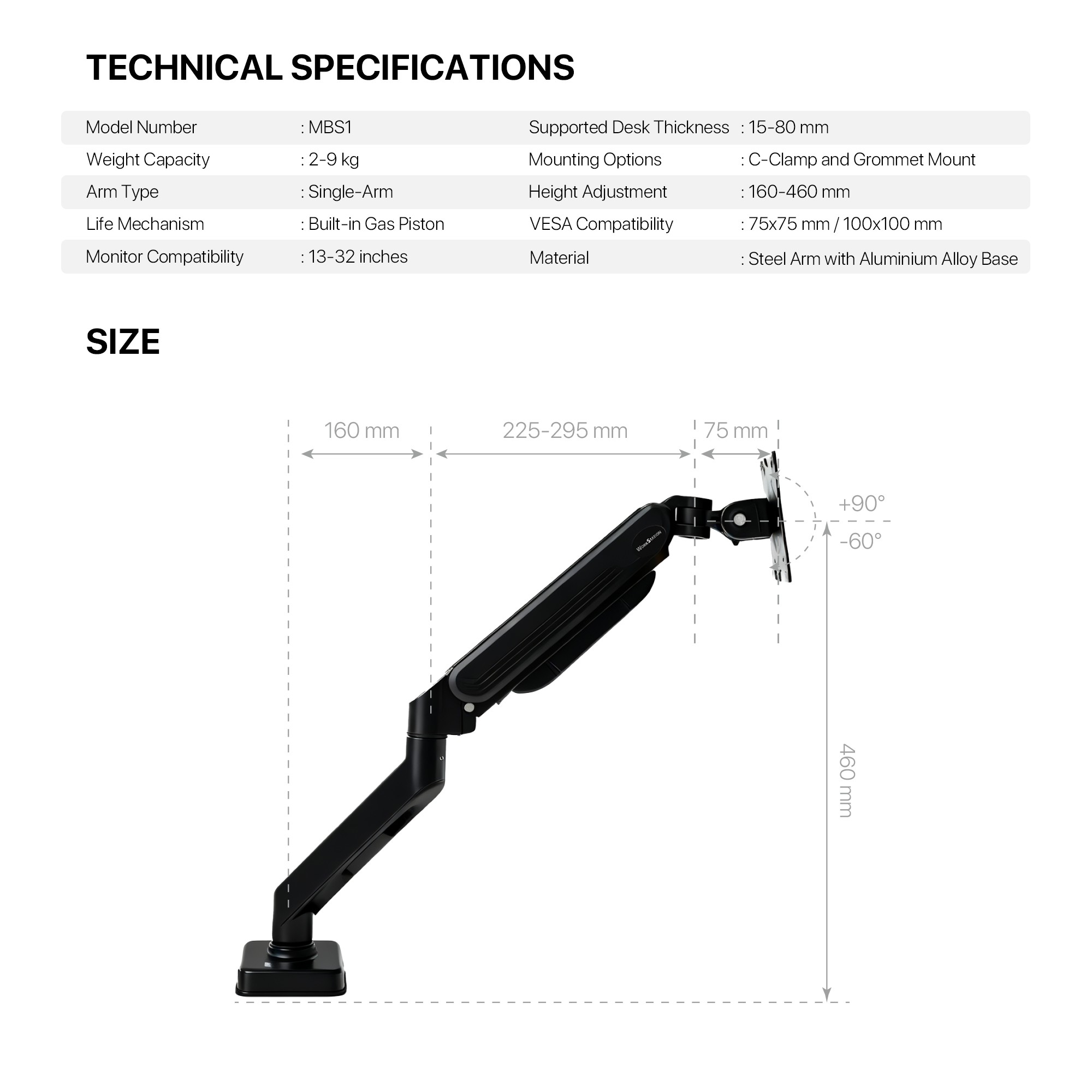 Fantech WorkStation MBS1 Single-Arm Monitor Bracket 90 Degree Tilt