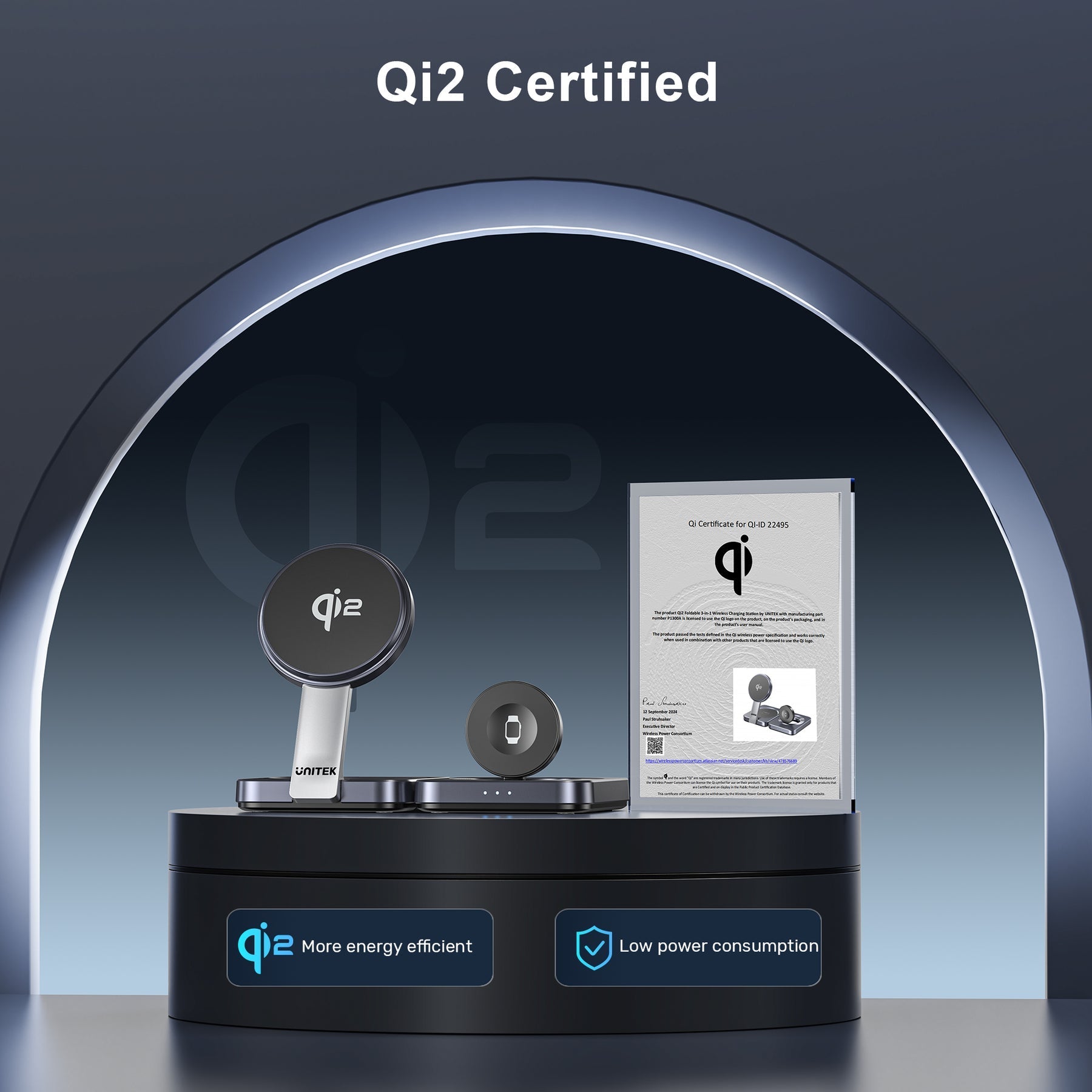 Unitek Qi2 Foldable 3-in-1 Wireless Charging Station iPhone 15W / Apple Watch 2.5W / Airpod 3W (Black)