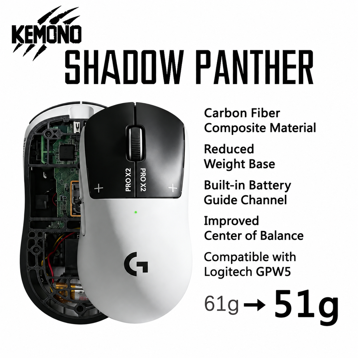 Kemono Studio Shadow Panther Mid - Ultra - Light Mod Base Shell for Logitech G Pro X Superstrike x2（Tools Included，No Battery）