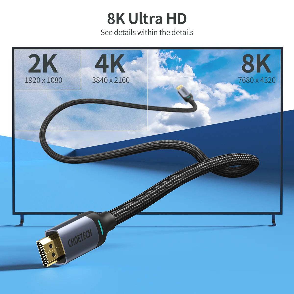 Choetech VisionLink 8K HDMI 2.1 High Speed Dynamic HD Nylon Braided Cable - 48Gbps 8K@60Hz, 2m