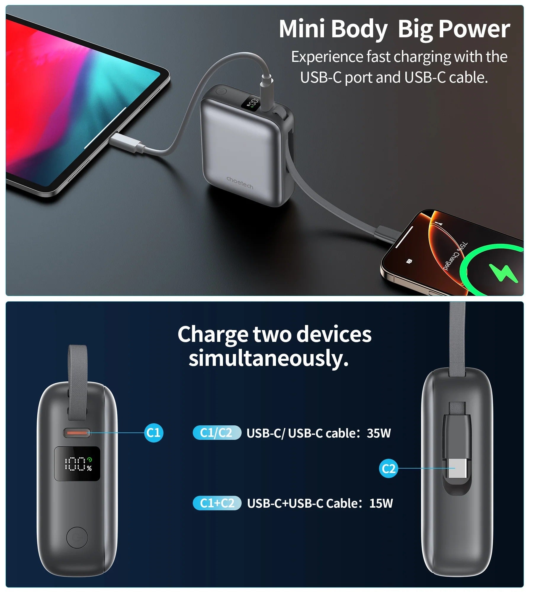 Choetech PowerLeap 10000mAh 35W Built-in USB-C Cable Mini Power Bank