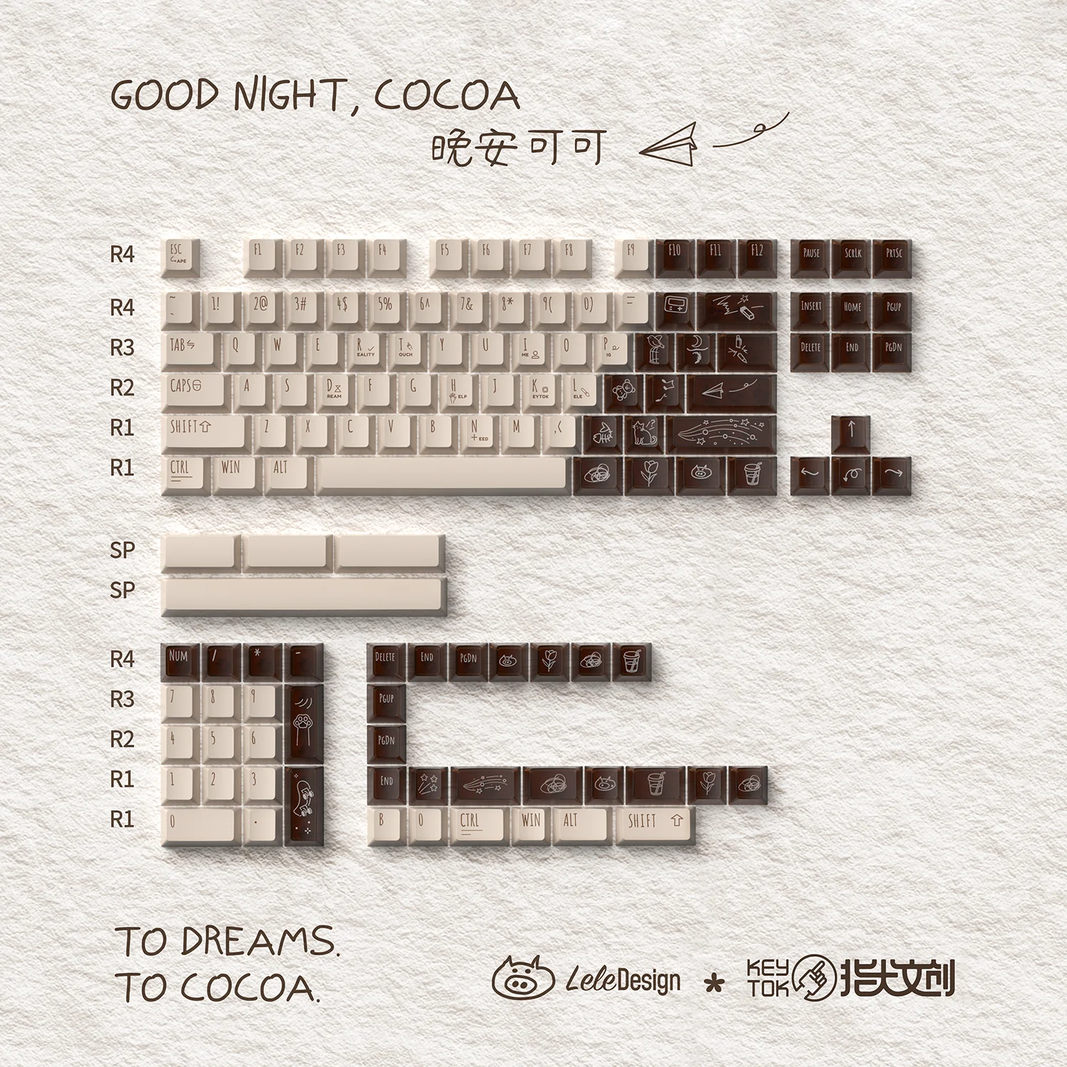 Keytok GOOD NIGHT COCOA Cherry Profile Dye-Sub PBT+PC Keycaps 131 pcs