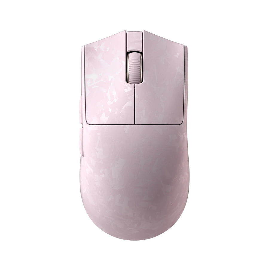 Pink M2 viewed from above with its main buttons, scroll wheel and left-side controls visible