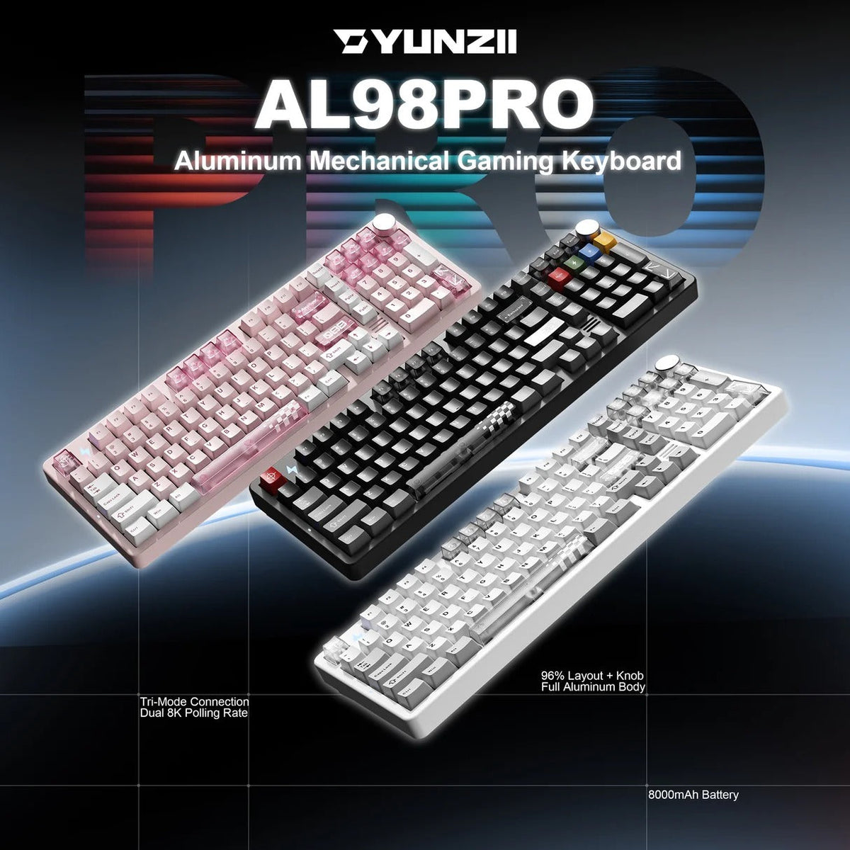 YUNZII AL98 PRO Dual-8K Wireless Aluminum Mechanical Keyboard with Wrist Rest