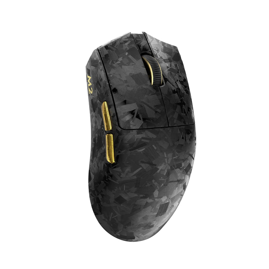 Angled view of the Black M2 showing its patterned shell, ridged scroll wheel and two left-side buttons